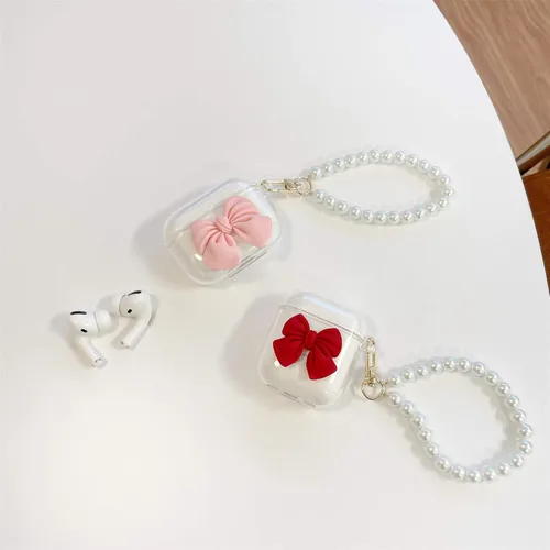 Miniatura 7 de Funda transparente compatible con AirPods 1 y 2, hermoso diseño de lazo colorido con pulsera de perlas de lujo, ultrafina, funda protectora de RosaA
