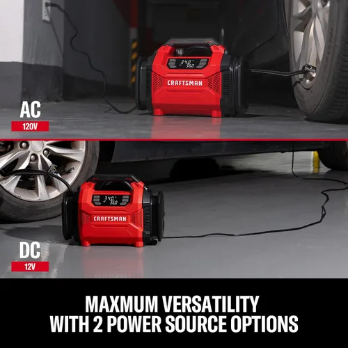 Miniatura 6 de CRAFTSMAN Inflador de neumáticos de doble potencia, compresor de aire portátil, enchufe de automóvil de 12 V CC y uso doméstico de 120 V CA, hasta