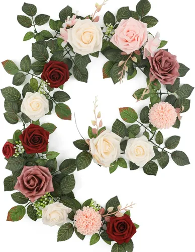 Miniatura 9 de Senseya Guirnalda de flores de rosas artificiales de 5 pies, vid floral falsa rosa rubor con hojas de rosa, guirnalda de flores rústicas para telón