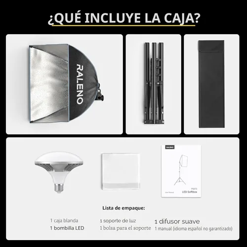 Miniatura 8 de Kit de iluminación de Softbox para fotografía RALENO, caja de luz de 16'' x 16'' para TikTok con bombilla LED (50W 5500K 97 CRI TLCI≥97), luz