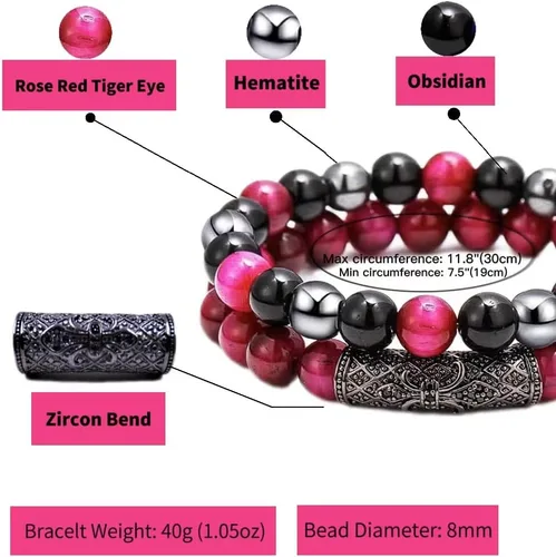 Miniatura 14 de 2Pcs Triple Protection Bracelet,Natural Tigers Eye Black Obsidian and Hematite 8 MM Beads Bracelet for Men Women Gift, Healing Crystal Bracelet