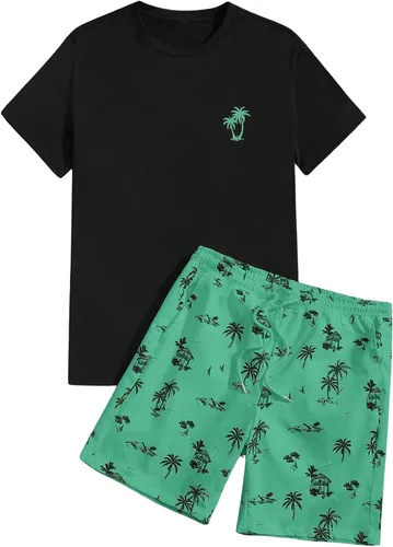 Miniatura 50 de GORGLITTER Conjunto de 2 piezas de camiseta gráfica de manga corta para hombre, estampado hawaiano con cordón y pantalones cortos