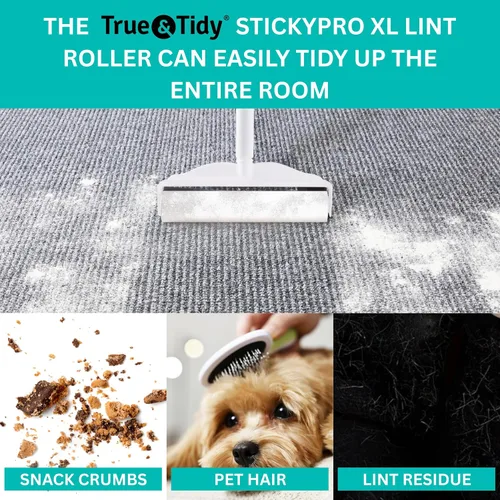 Miniatura 9 de True & Tidy StickyPro - Juego de rodillos de pelusa XL con 2 repuestos de rodillos para pelusas, resistente, duradero, mango ajustable, funciona muy