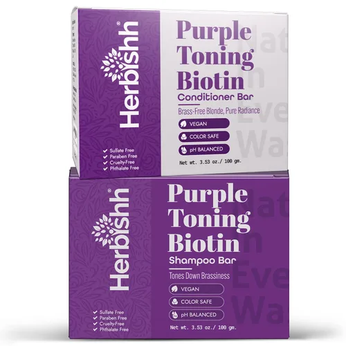 Herbishh Juego de barra de champú y acondicionador morado – Cuidado del cabello tonificante para cabello rubio, plateado y gris – Neutraliza el