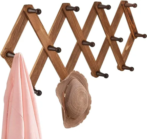 Homode Estante de pernos de madera expandible vintage - Percheros de pared de acordeón multiusos con 13 ganchos para sombreros, abrigos, tazas,