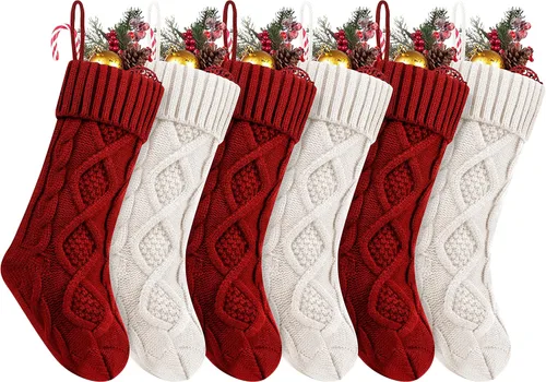 Miniatura 18 de Fesciory Calcetines de Navidad, paquete de 6 calcetines de punto grandes de 18 pulgadas y decoración para fiestas familiares de Navidad, borgoña