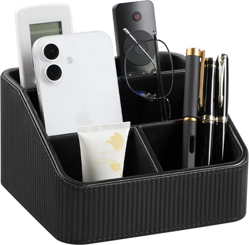 Miniatura 8 de Soporte para control remoto con 4 compartimentos, organizador de mesita de noche pequeña de piel sintética para accesorios de escritorio
