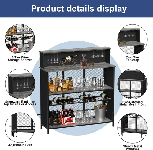 Miniatura 5 de GDLF Mueble de bar para el hogar, gabinete de licor con almacenamiento y reposapiés para bar de cocina en el hogar (gris)
