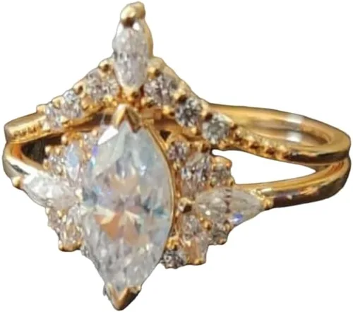 Ssjewel - Juego de anillos de boda de 1 pieza con diamantes de talla marquesa vintage, inspirador de la naturaleza, hermoso juego de anillos de boda