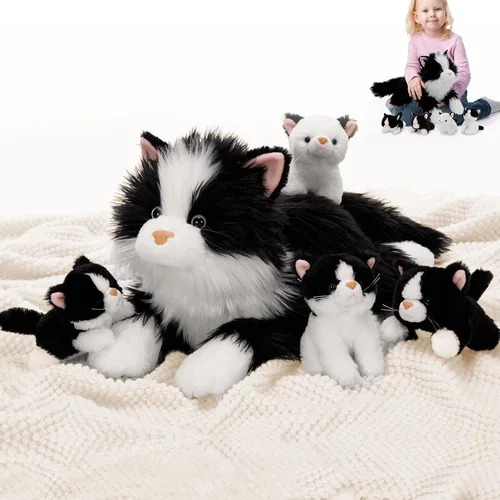 Miniatura 10 de Tezituor Juego de 5 Animales de Peluche de Cordero, Peluche Grande de Oveja Mamá de 20 Pulgadas con 4 Lindos Bebés Cordero, Almohada de Felpa