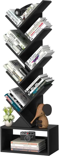 Miniatura 10 de SHEEPAM - Estantería pequeña con cajón, estantería de 4 niveles en forma de árbol en color negro, estantería de escritorio de madera, estanterías