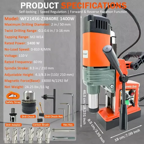 Miniatura 9 de Prensa de taladro magnética, 1400 W Mag taladro prensa con 2 pulgadas de diámetro. 2922lbf/13000N fuerza mag, máquina de perforación eléctrica