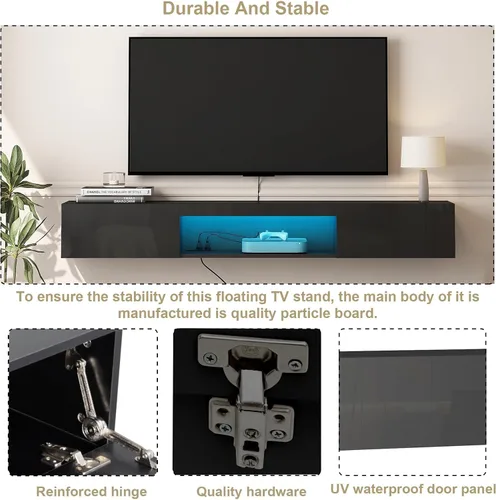 Miniatura 6 de Soporte flotante para TV montado en la pared con toma de corriente, moderno centro de entretenimiento flotante para TV de 70 pulgadas, estante
