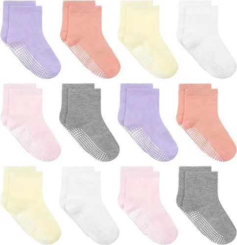 Tphon Calcetines para niños pequeños, calcetines antideslizantes para niños y niñas, 12 pares de calcetines para niños de 6 meses a 10 años