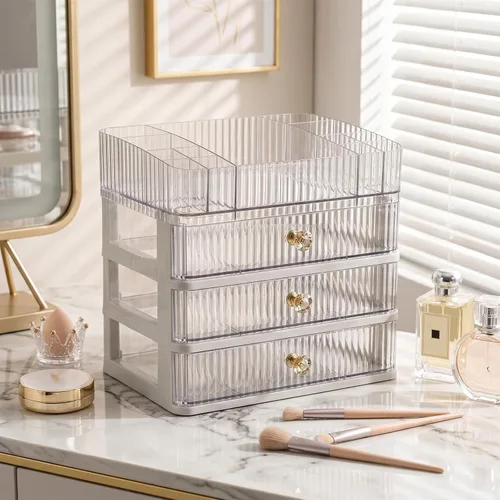 Miniatura 4 de Organizador de maquillaje con 3 cajones grandes, organizador de encimera para cosméticos, ideal para tocadores de baño y dormitorio, soporte