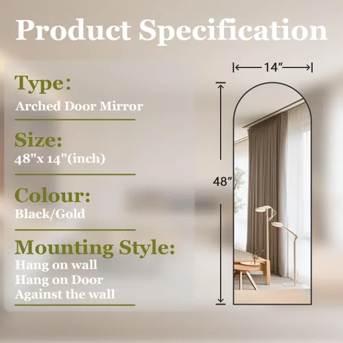 Miniatura 6 de BEAUTYPEAK Espejo ajustable de 14" x 48" para colgar sobre la puerta, espejo colgante de cuerpo completo con arco, vidrio templado inastillable