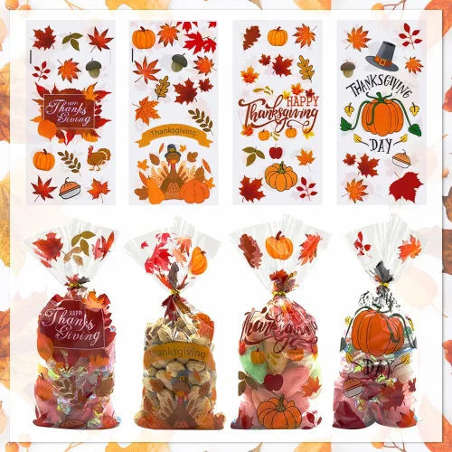 Miniatura 5 de ABTOLS 100 bolsas de celofán de Acción de Gracias, bolsas de celofán de otoño, calabaza, hojas de otoño, pavo, girasol, búho, bolsas de regalo