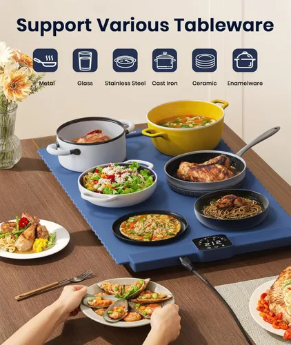 Miniatura 5 de Alfombrilla de Calentamiento de Alimentos, Bandeja de Calentamiento Eléctrica con 5 Configuraciones de Temperatura para Mantener la Comida Caliente