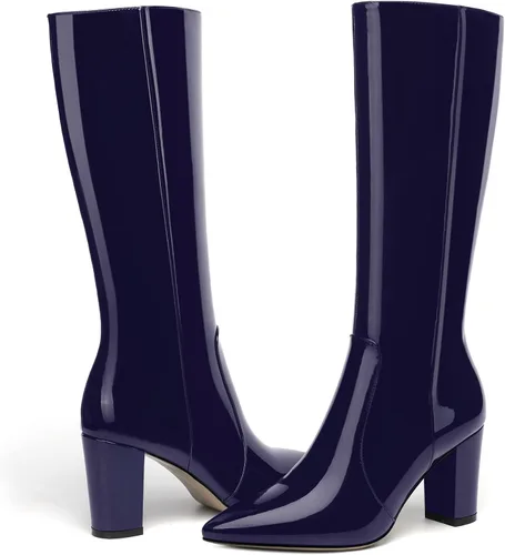 Miniatura 76 de AMBELIGHT Botas altas hasta la rodilla con cremallera y puntera puntiaguda para mujer, de patente sólida, tacón alto, 3.3 pulgadas