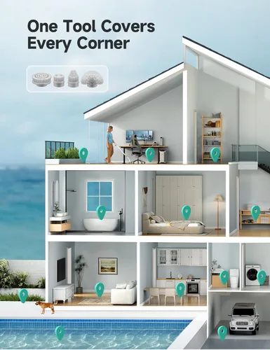 Miniatura 5 de HiCOZY Escobilla eléctrica giratoria HS1, cepillo de ducha inalámbrico para limpieza con 4 cabezales de cepillo reemplazables, mango de extensión