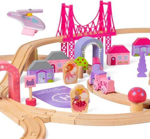 Bigjigs Rail Fairy Town - Juego de tren de madera | Juguete ferroviario para niños a partir de 3 años | Pista de madera con modelo de aldea de