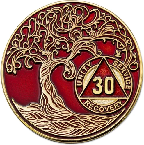 Miniatura 261 de 20 Year Sobriety Mint Twisted Tree of Life - Medallón de recuperación AA chapado en oro, fichas y fichas, color negro