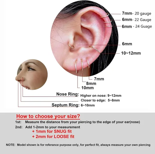 Miniatura 4 de Pequeños aretes de aro huggie de oro o plata de ley para mujeres y niñas, cartílago, nariz, hélix, tragus