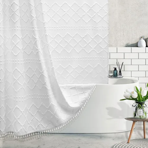 Cortina de ducha de tela bohemia blanca con borlas, 72 x 72 pulgadas, cortina de ducha moderna texturizada, minimalista de granja, rayas cheurón