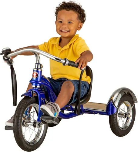 Miniatura 2 de Schwinn Triciclo Roadster, bicicleta de rueda delantera de 12 pulgadas para niños de 2 a 4 años, centro de gravedad bajo, marco de acero retro, Azul