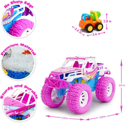 Miniatura 2 de Pink Toys Auto para niña pequeña, paquete de 2 camiones de juguete Push and Go de 6.3 pulgadas para niños de 3, 4, 5, 6 años, con luces LED, música