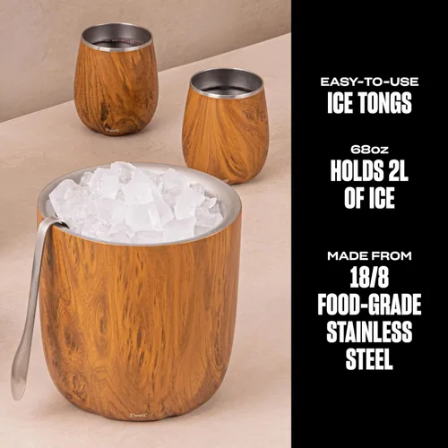 Miniatura 2 de S'well Cubo de hielo de acero inoxidable con pinzas, capacidad de 68 onzas, acabado de madera de teca, aislamiento al vacío de triple capa