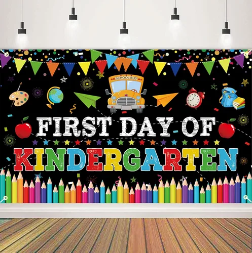 Cartel del primer día de jardín de infantes, decoraciones de fiesta del primer día de escuela, pancarta de regreso a la escuela, bienvenida al