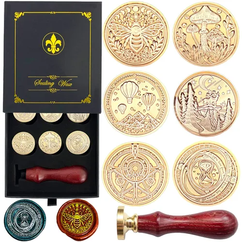 Juego de 6 sellos de cera con estampado en caliente, sellos de cera para regalo, sellos de cobre, 1 asa de madera, kit de sellos de cera para Serie
