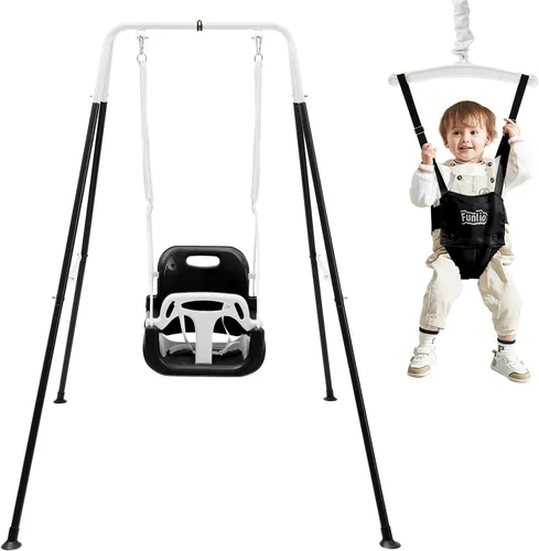 FUNLIO Juego de columpio 2 en 1 para niños pequeños y bebés, columpio y hamaca resistente para niños con 4 bolsas de arena, soporte plegable de
