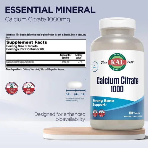 Miniatura 2 de KAL Citrato de calcio 1000 mg, suplementos de calcio para mujeres y hombres, salud ósea, dientes, apoyo del sistema nervioso, muscular