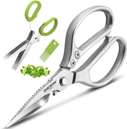 Miniatura 7 de ONEBOM - Tijeras de cocina, tijeras de cocina resistentes con hoja dentada para cortar carne, alimentos, pescado, aves de corral, accesorios de Oro