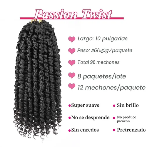Miniatura 3 de Leeven Paquete de 8 paquetes de cabello de ganchillo pret wisted Passion Twist de 10 pulgadas, color negro natural, extensiones de cabello corto