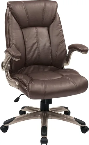 Office Star Serie FL - Silla de oficina de cuero sintético con respaldo medio y brazos abatibles acolchados, color espresso con base de cacao