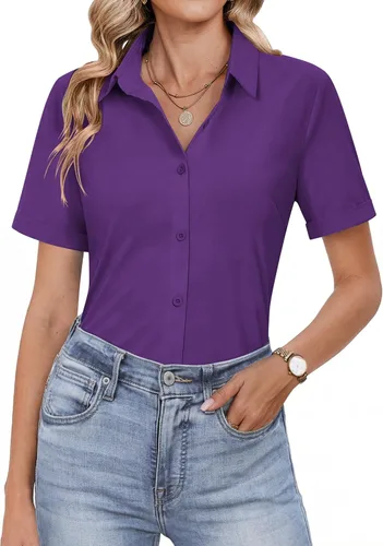 Miniatura 10 de HOTOUCH Camisas con botones para mujer, camisas de vestir de manga corta, blusas casuales de negocios, blusa de trabajo de oficina