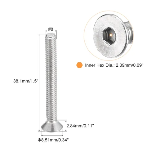 Miniatura 2 de Uxcell tornillos de cabeza avellanada plana #8-32x1-1/2, 10 unidades de tornillos de cabeza plana con rosca completa de acero inoxidable 304