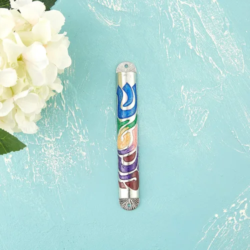 Miniatura 9 de Matashi Esmalte azul pintado a mano de 6 pulgadas Mezuzah adornado con espinilla hebrea, decoración de pared para puerta del hogar, decoración