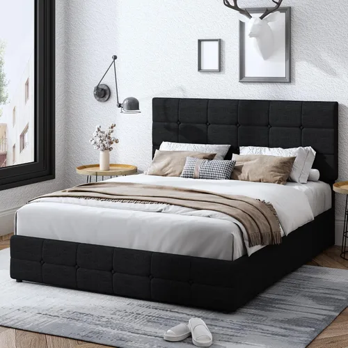 Miniatura 7 de Moderna base de cama tapizada con 4 cajones de almacenamiento, cama de plataforma con cabecera capitonada con botones ajustables, soporte de Negro