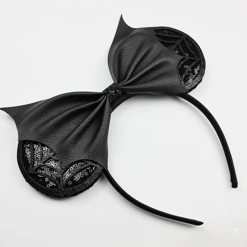 Miniatura 7 de Diadema negra con orejas de ratón de lentejuelas con lazo de ala de poliuretano, lazo de pelo de murciélago de Halloween, decoración de fiesta