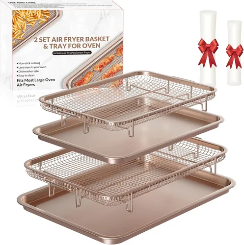 Miniatura 14 de Cesta de Freidora de Aire para Horno, Juego de 2 Bandejas de Freidora de Aire y Bandeja Crujiente con 60 Piezas de Papel Pergamino, Cesta y Bandeja