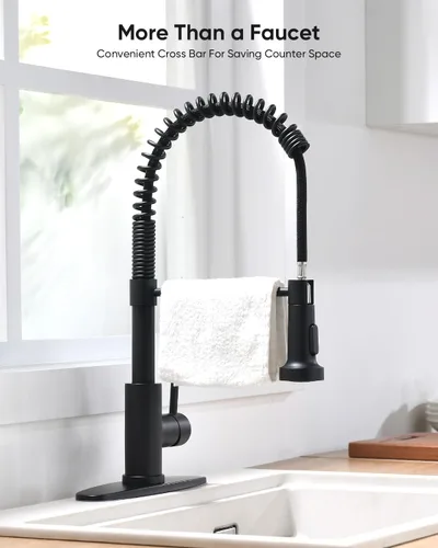 Miniatura 7 de Grifo de cocina negro con rociador extraíble de acero inoxidable de una sola manija, grifos de fregadero de resorte de 1 agujero o 3 agujeros