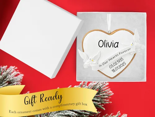 Miniatura 4 de Adorno de Navidad personalizado en nuestros corazones para siempre 2026 con palomas Recuerdo conmemorativo del árbol de Navidad de condolencias
