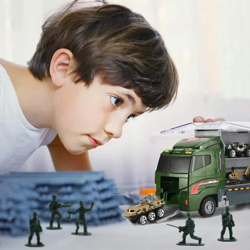 Miniatura 7 de 26 piezas de camiones militares con soldados de juguete (2 en 1), mini coche de batalla fundido en camión transportador, juguete de ejército