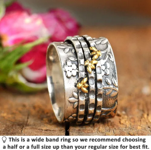 Miniatura 2 de Boho-Magic Anillo giratorio de abeja para mujer, plata de ley 925 y latón con flores