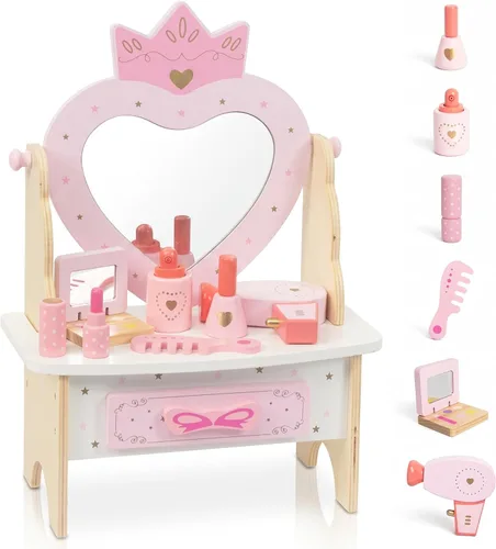 Miniatura 8 de Juego de tocador de madera para niños, juego de simulación con espejo, juego de salón de belleza, incluye accesorios de maquillaje, regalo