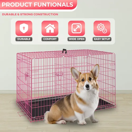 Miniatura 2 de FDW Jaula para perros pequeños de 24 pulgadas plegable de metal con alambre para mascotas, doble puerta con panel divisor para interiores y Rosa